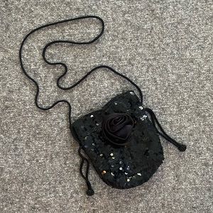 Black Sequin Small Black Rosette Pouch Bag